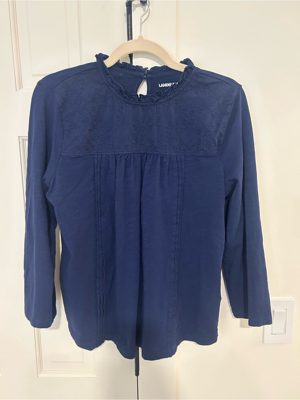 Lands' End Navy Ruffled Yoke Long-Sleeve Top